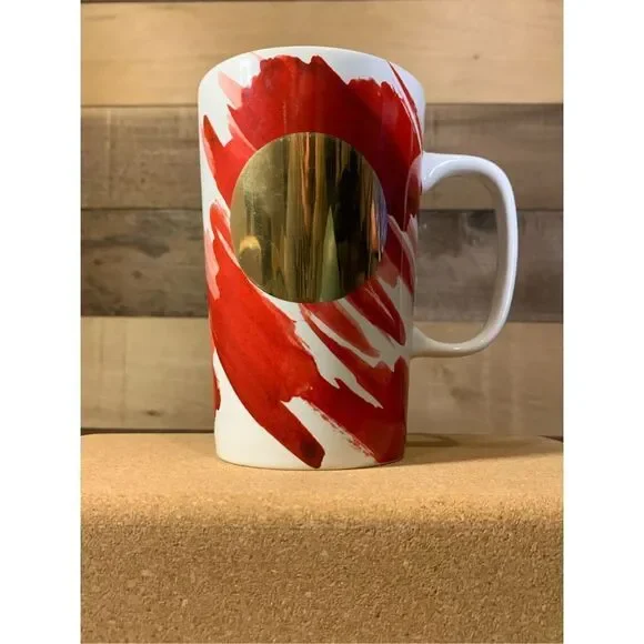 Starbucks 2014 White and Red Abstract 16 oz Tall Mug Ceramic with Gold C…     - Picture 5 of 8